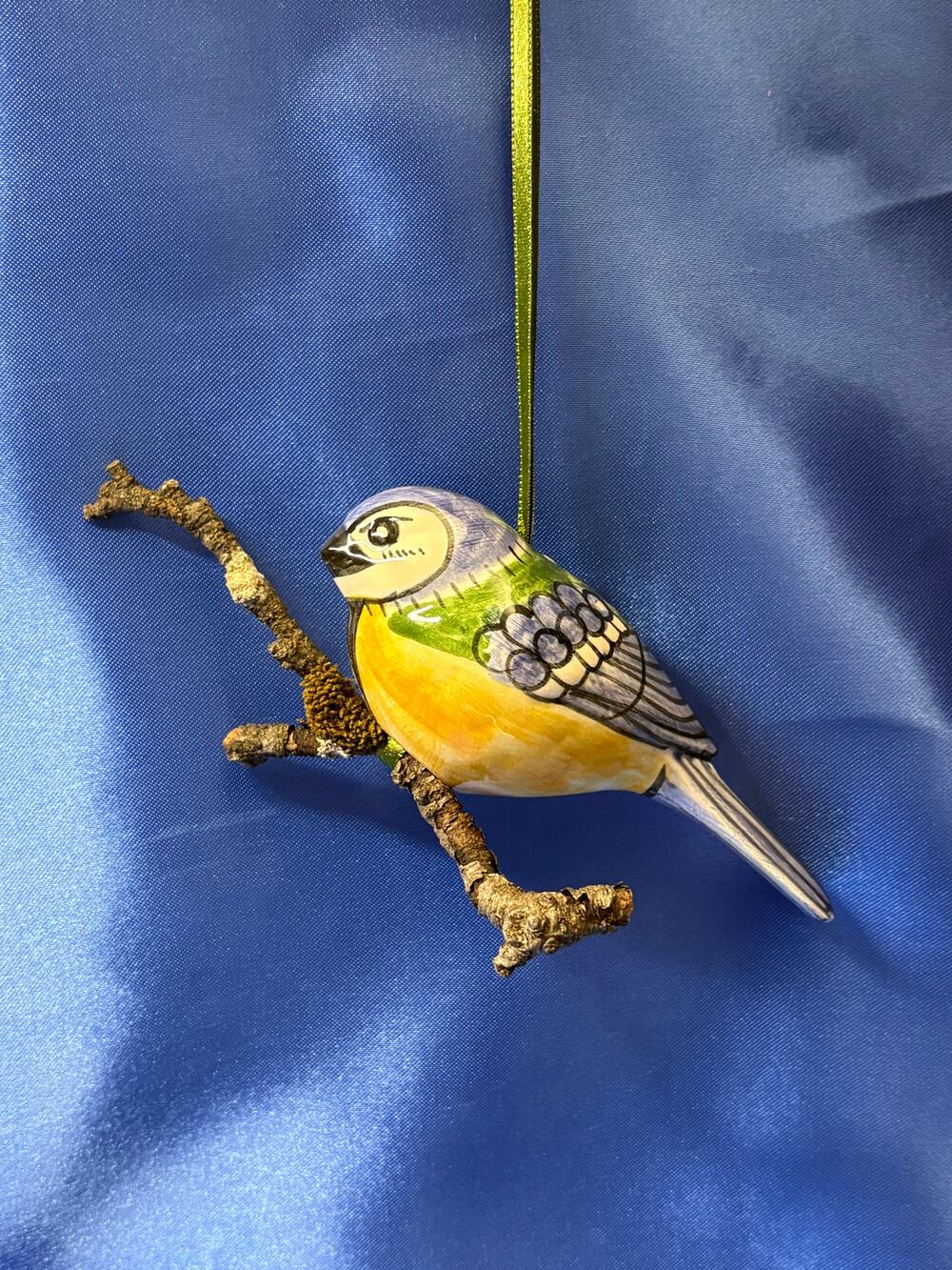 Porcelain Blue and Yellow Bird on Wooden Stick Hanging Ornament